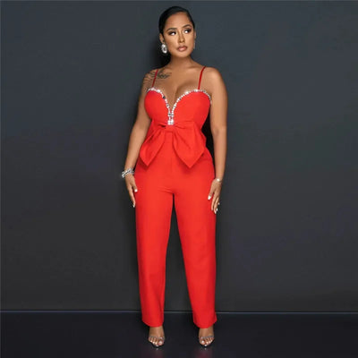 Spaghetti Strap Deep V Neck Sexy Women Straight Jumpsuits Rompers 2023 Rhinestone Big Bowknot Party Jumpsuit Birthday Outfits