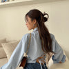 Gidyq Korean Bandage Shirt Women Fashion Backless Sexy Blouse Office Ladies Casual Slim Chic Turn Down Collar Long Sleeve Tops