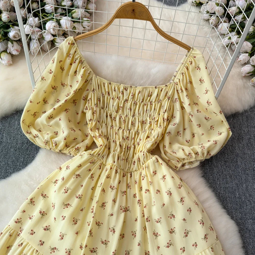 2024 New Summer Flower Print Long Dress Women Vintage Square Neck Ruched Chest Sash Bandage Sundress Party Vestidos
