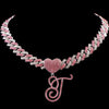 Hip Hop Bling Pink Crystal Cursive Initial Letter Cuban Necklace for Women Iced Out Paved Cuban Chain Necklace Choker Jewelry