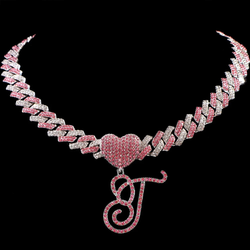 Hip Hop Bling Pink Crystal Cursive Initial Letter Cuban Necklace for Women Iced Out Paved Cuban Chain Necklace Choker Jewelry