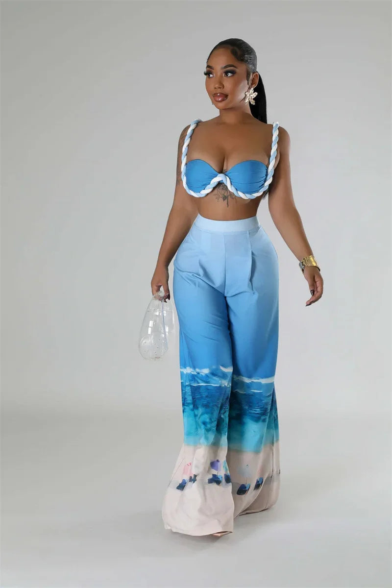 Sexy Nightclub Outfits for Women 2 Piece Set Birthday Vacation Bra Crop Top and Print Wide Leg Pants Matching Sets Beach Wear