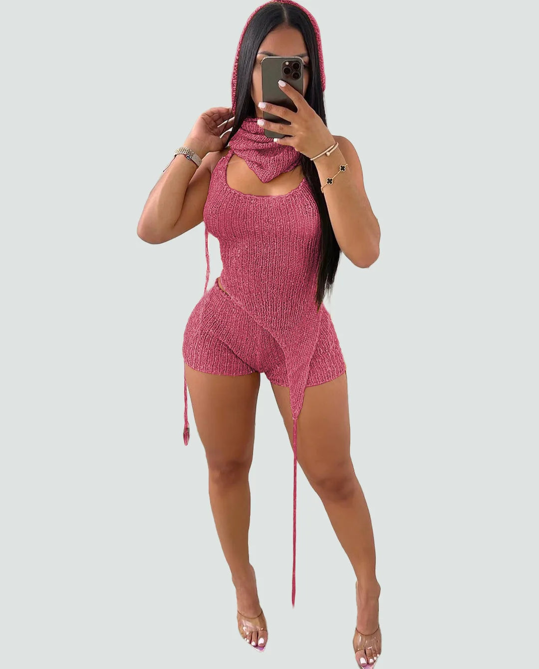 Joskaa Sequins Knit Beach 3 Piece Sets Women Sexy Backless Halter Irregular Top+Head Scarf+Shorts Matching Set Vacation Outfits