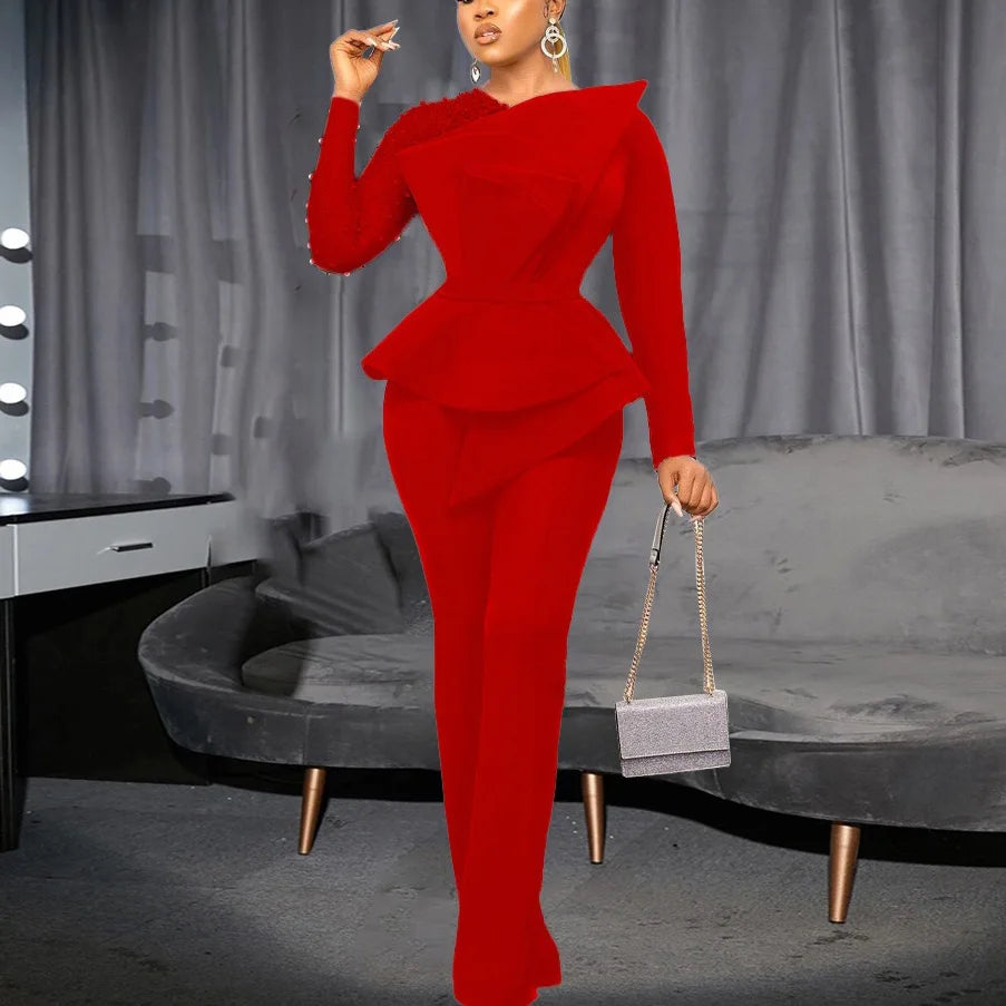 Luxury Jumpsuits & Rompers for Women Round Neck Beaded Transparent Sleeve High Waisted Elegant Female Birthday Party Overalls