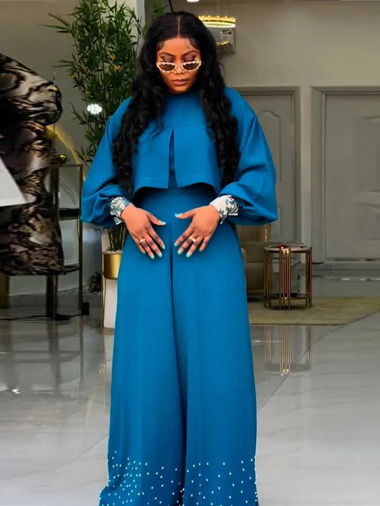 Spring Clothes for Women 2 Piece Sets Women Outfit Lantern Sleeves Suit with Wide Pants and Top High Street Ladies Elegant Sets