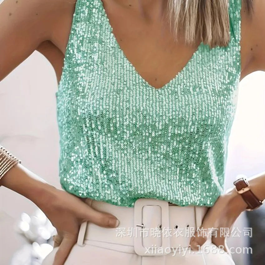 Women's Summer New Item Solid Color Fashion Sequin Light Mature Sexy V-neck Sleeveless Camisole Vest Pullover Top
