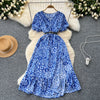 Summer Pleated Women Buttons Dresses Casual Beach Holiday Short Sleeve V Neck Woman Midi Dress Bohemian Mujer Vestidos