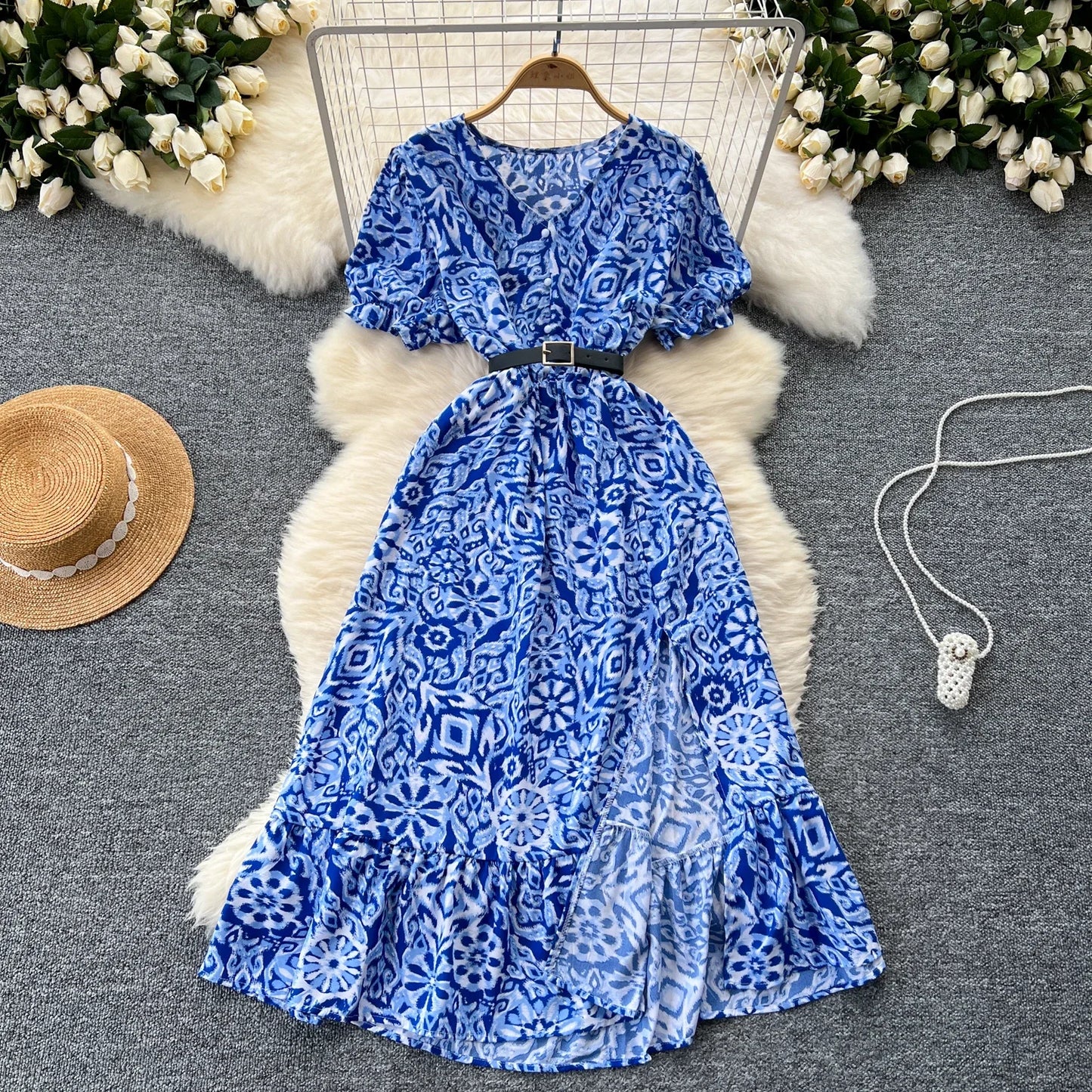 Summer Pleated Women Buttons Dresses Casual Beach Holiday Short Sleeve V Neck Woman Midi Dress Bohemian Mujer Vestidos