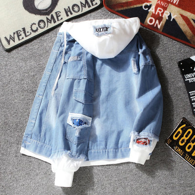 Autumn New Men's Fashionable Casual Street Hip-hop Denim Jacket Fake Two-piece Hooded Single Breasted Slim Fit Denim Jacket