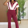 Beyprern New Chic Lounge Jumpsuit (Burgundy/Blush) Womens Zipper Front Patchwork Long Pants Jumpsuits Sexy Overalls Sportywear
