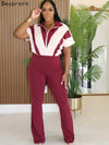 Beyprern New Chic Lounge Jumpsuit (Burgundy/Blush) Womens Zipper Front Patchwork Long Pants Jumpsuits Sexy Overalls Sportywear
