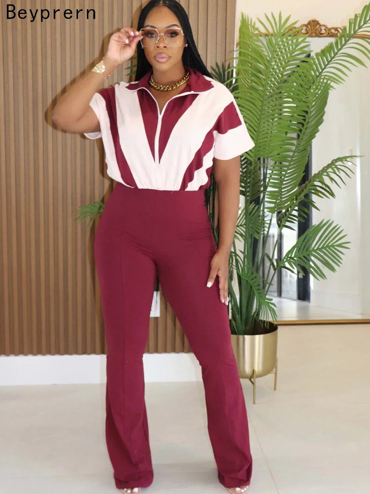 Beyprern New Chic Lounge Jumpsuit (Burgundy/Blush) Womens Zipper Front Patchwork Long Pants Jumpsuits Sexy Overalls Sportywear