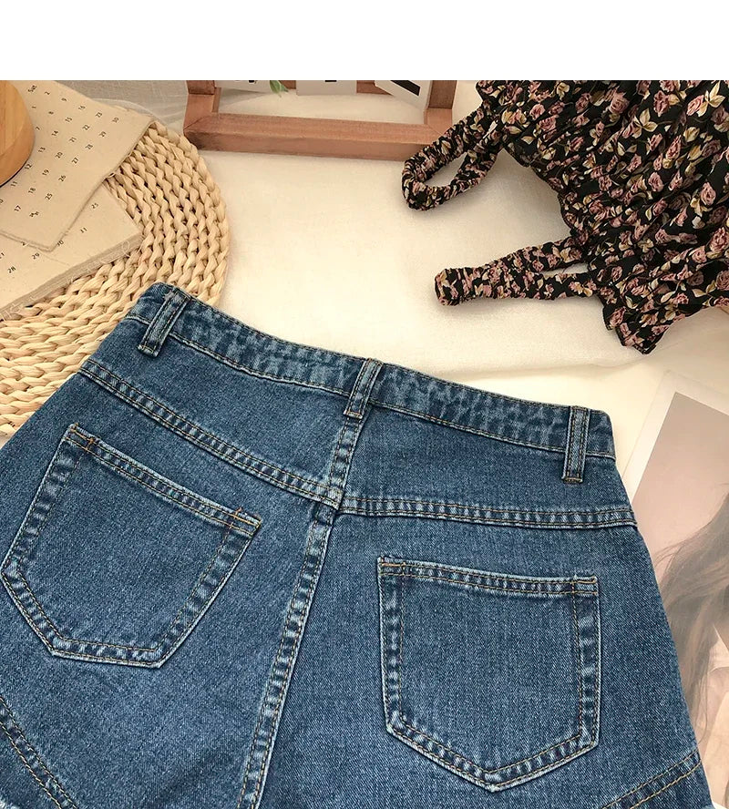 ITOOLIN Women Vintage Tassels Denim Shorts Button Loose High Waist A-line Jean Shorts Casual Women Office Trousers Streetwear