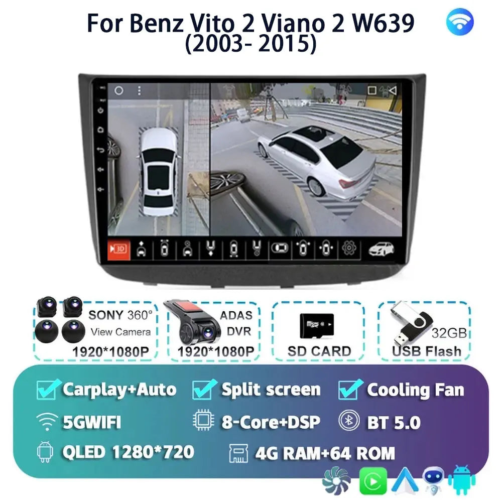 Android 14 For Benz Vito 2 Viano 2 W639 2003- 2015 2K QLED Android Car Radio Multimedia Video Player BT Stereo CarPlay Head Unit