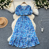 Summer Pleated Women Buttons Dresses Casual Beach Holiday Short Sleeve V Neck Woman Midi Dress Bohemian Mujer Vestidos