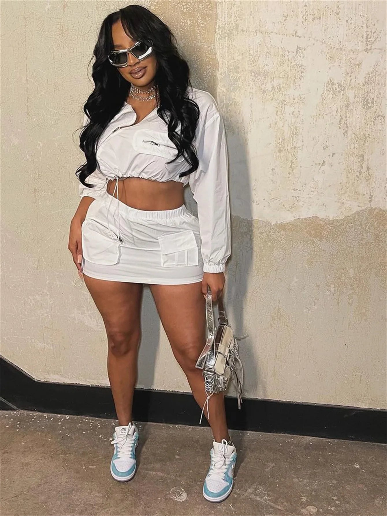 CM.YAYA Fashion Safari Style Women's Set Long Sleeve Zipper Fly Tops and Cargo Midi Mini Skirts Suit 2025 Two 2Piece Sets Outfit