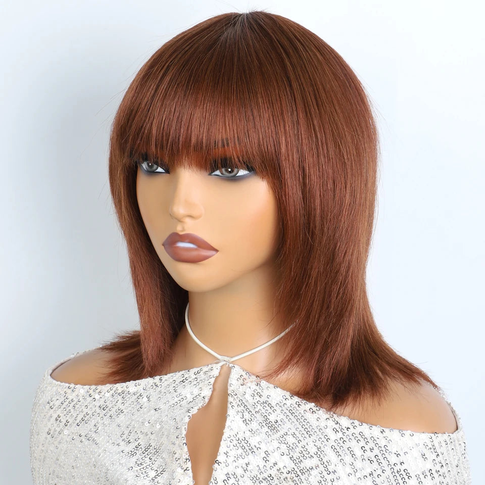 Lekker 12" Short Brown Wolf Cut Straight Bob Human Hair Wigs With Bangs For Women Brazilian Remy Hair Ready to Wear Glueless Wig