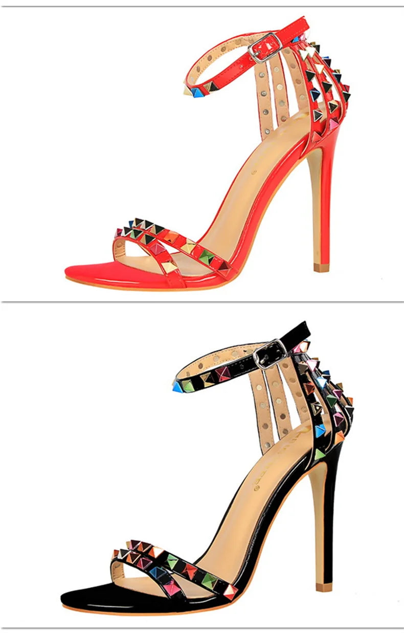 Summer Women Roman High Heels Rivets Studded Sandals Stiletto Gladiator Pumps Open Toe Luxury Shoes Hollow One-word Buckle 267-2