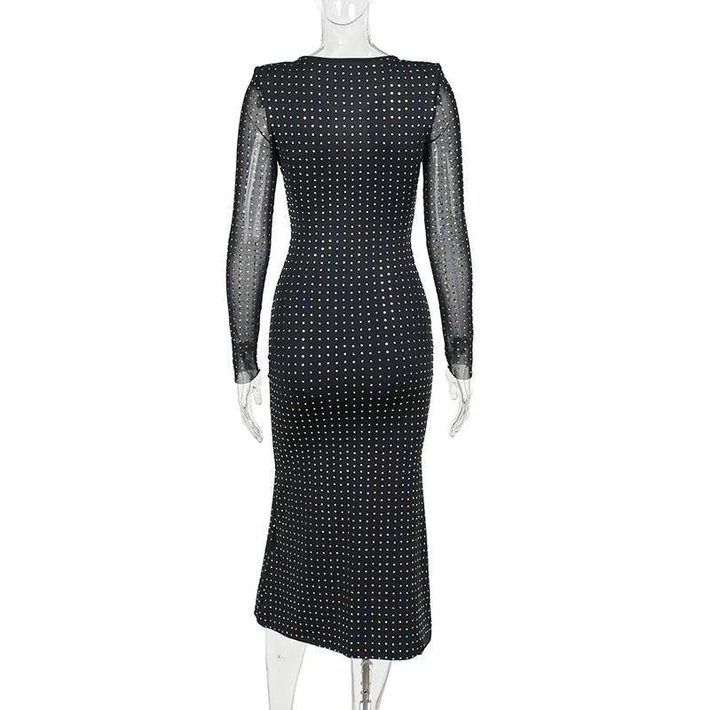 Tossy Glitter Hollow Out See-Through Maxi Dress Female Sexy Lace-Up Club High Waist Patchwork Sparkle Bandage Women Long Dress