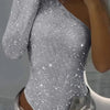 2025 Spice Girls Sexy Sequin Top One-Shoulder Tight Rhinrhinone Solid Color Silver One-Piece Fashion Party Nightclub Summer Top