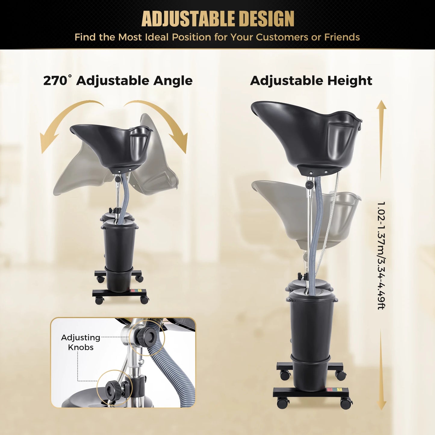 Portable Shampoo Basin with 2 Water Buckets 30cm Deep Salon Hair Washing Sink Adjustable Height Angle Mobile Shampoo Bowl Unit