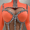 Sexy See-Through Strapless Rhinestone Tops Zipper Jacket High-waisted Shorts 3-Pieces Sets Party Nightclub Perfprmance Costume