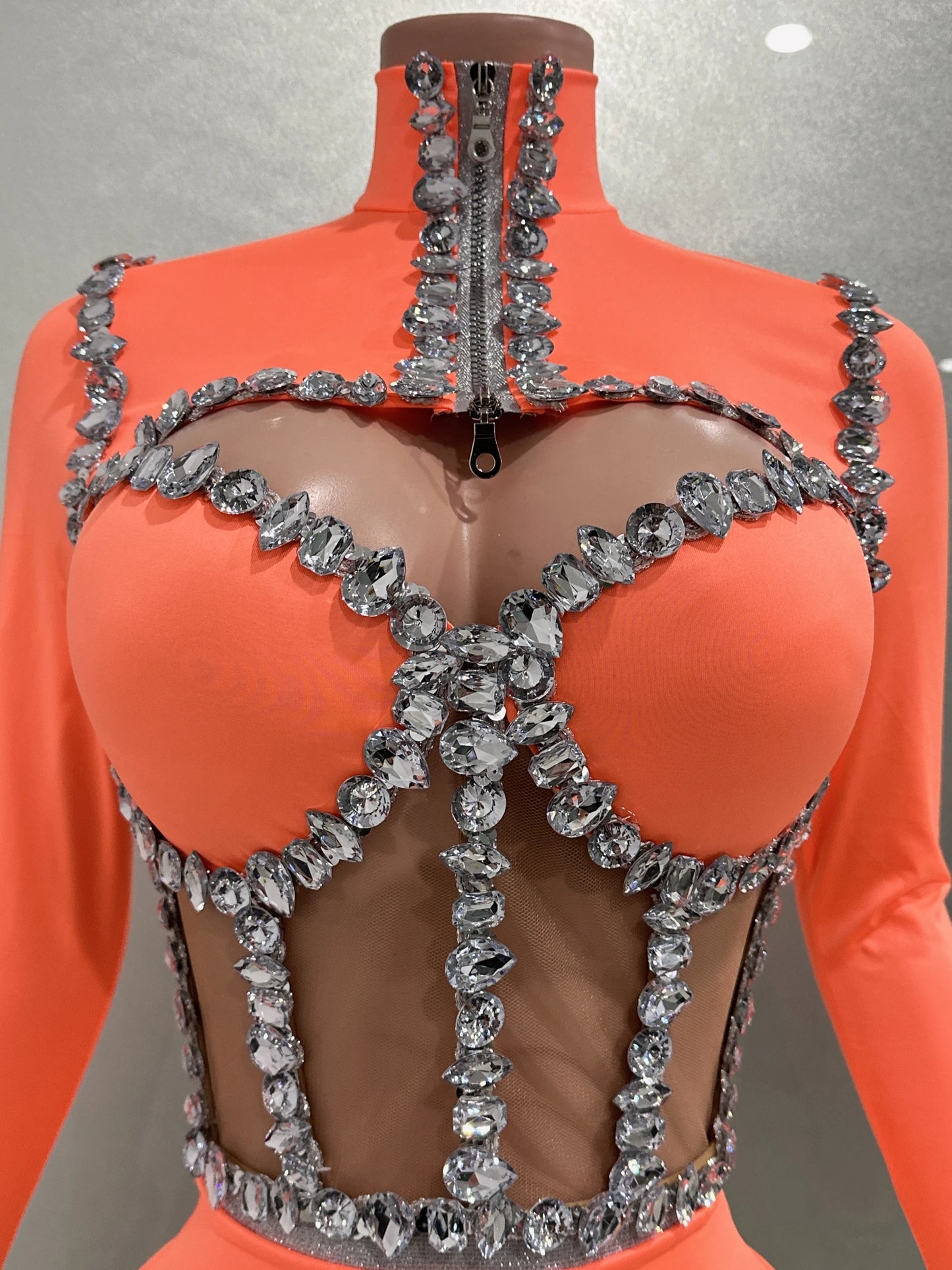 Sexy See-Through Strapless Rhinestone Tops Zipper Jacket High-waisted Shorts 3-Pieces Sets Party Nightclub Perfprmance Costume