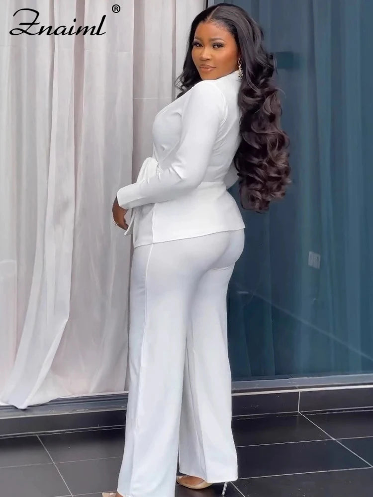 Znaiml Elegant Lapel Long Sleeve Top and Wide Leg Pants Two 2 Piece Sets Women White Office Lady Lace Up Blazer Business Outfits