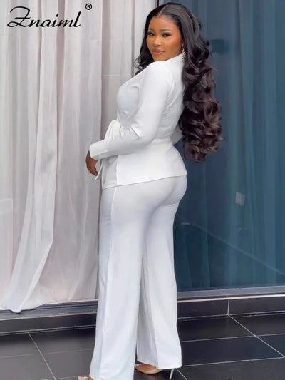 Znaiml Elegant Lapel Long Sleeve Top and Wide Leg Pants Two 2 Piece Sets Women White Office Lady Lace Up Blazer Business Outfits