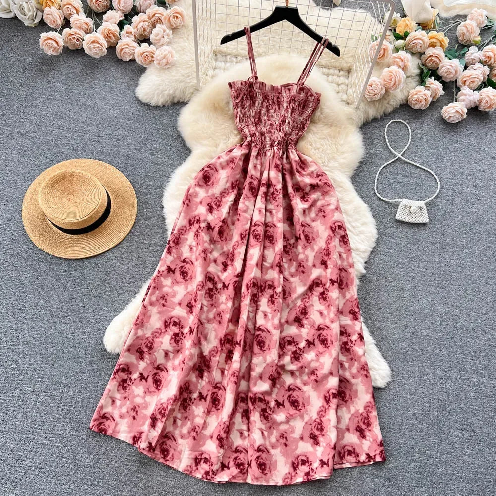 2024 New Summer Korean Fashion Rose Flower Print Romantic Retro Party Dress Elastic High Waist Vacation Long Dress Beach Vestido