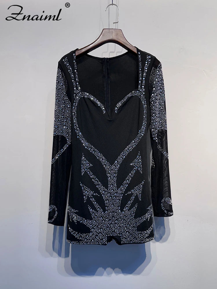 Znaiml Elegant Long Sleeve Playsuit Nightclub Rompers Birthday Outfits Woman Sparkly Diamonds Rhinestone Short Jumpsuits Luxury