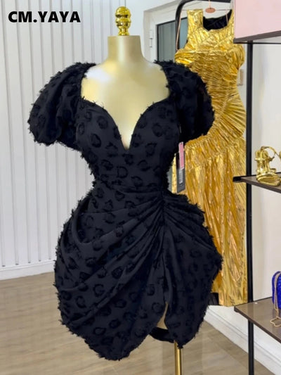 CM.YAYA Sommer Damen Laternenärmel Kurzarm Seitenschlitz Gerafftes Midi Minikleid 2025 Mode Sexy Nachtclub Partykleider Vestidos