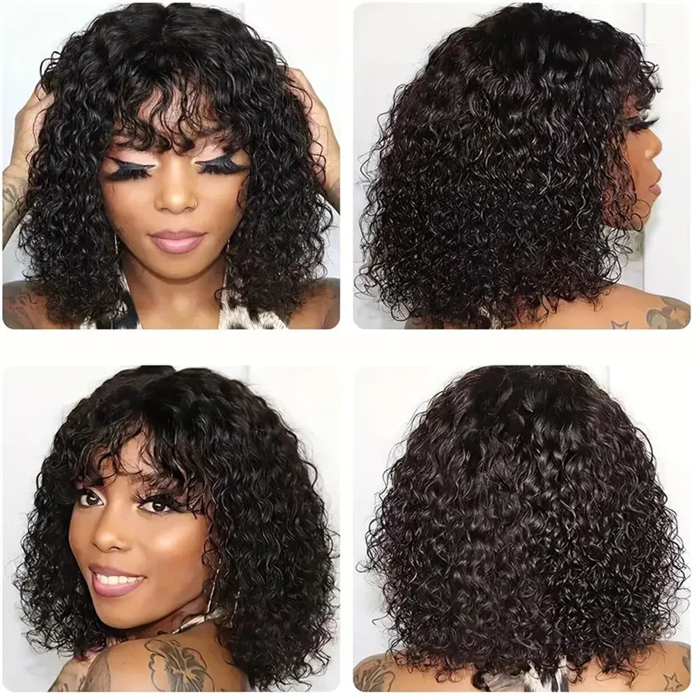 2x1 Curly Short Bob Wig Human Hair With Bangs Lace Glueless Curly Bob Wigs Human Hair Wig Natural Color For Women 180% Density