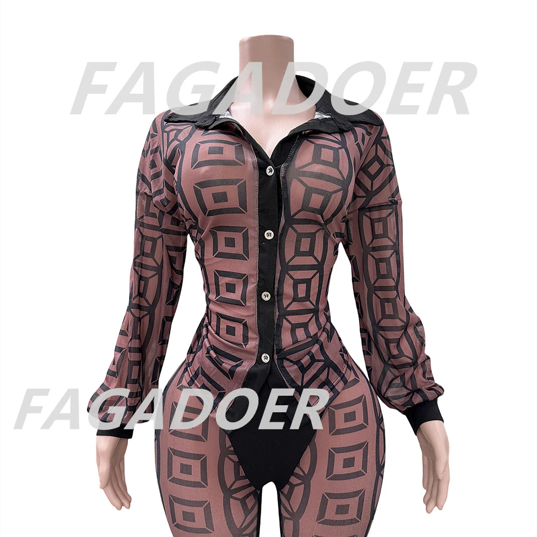 FAGADOER Sexy Mesh Women 2 Piece Set Outfit See Through Long Sleeves Crop Top + Skiny Pants Suits Female Streetwear Clothing New