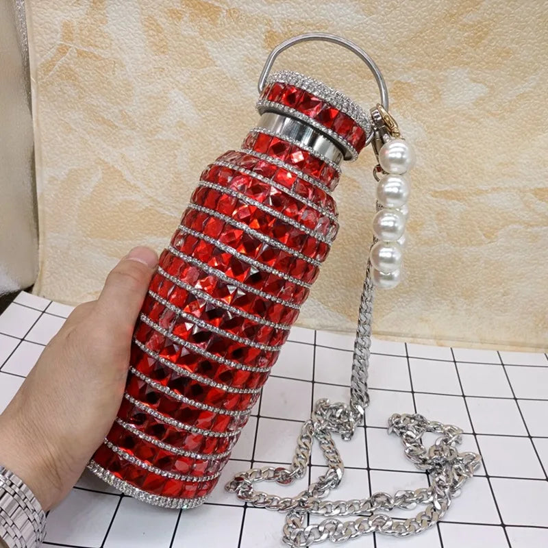 Bling Rhinestone Insulated Thermos Water Bottle with Chain Stainless Steel Vacuum Insulated Bottle Flask Portable Tumbler