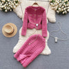 Modphy Autumn Fashion Rose Red Woolen Two Piece Set Women Golden Button Chain Belt Tweed Short Jacket Coat+Split Midi Skirt Suit