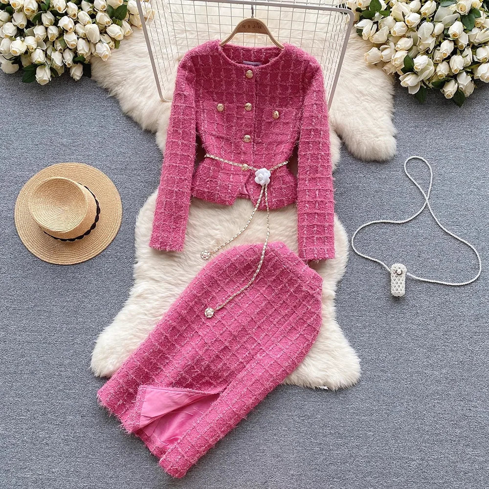 Modphy Autumn Fashion Rose Red Woolen Two Piece Set Women Golden Button Chain Belt Tweed Short Jacket Coat+Split Midi Skirt Suit