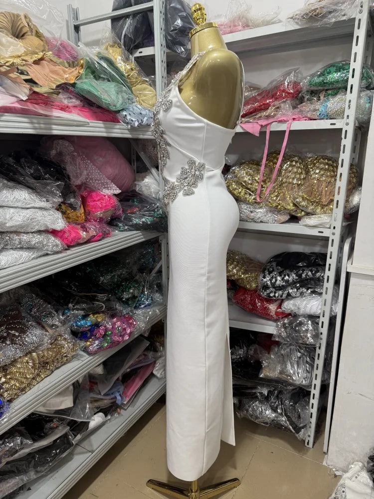 White Sexy One-Shoulder, Off-The-Shoulder, Rhinestone, Backless,One-Shoulder Tight, Hip-Hugging Bandage Dress