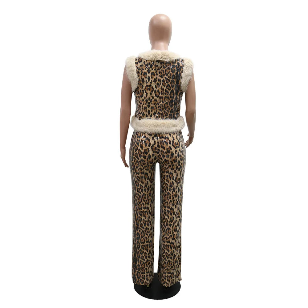 CM.YAYA Women's Set Sleeveless Fur Leopard Sequined V-neck Wool Vest and Pant Suits 2024 Street Two 2 Piece Set Outfit Tracksuit
