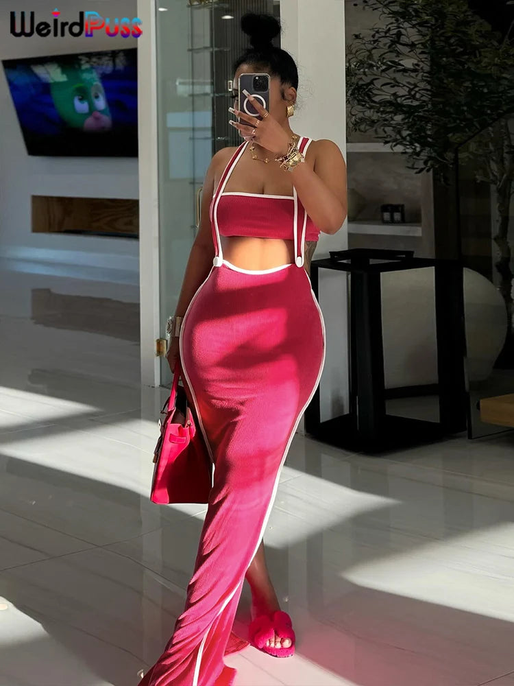 Weird Puss Summer Trend 2 Piece Set Women White Edging Strapless Tops+Shoulder Straps Dress Stretch Matching Streetwear Outfits