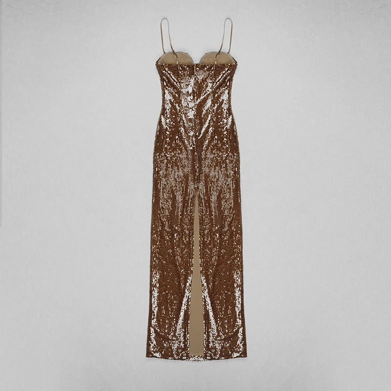 New Summer Dress 2024 Women Sexy Sleeveless Backless Mesh Sequins Brown Bodycon Maxi Dress Elegant Long Evening Party Dress