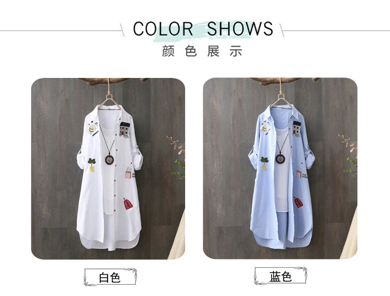 Women Cotton Embroidery Loose Long White Shirts 2025 Spring Autumn New Casual Office Lady Blouse Female Top Loose shirt