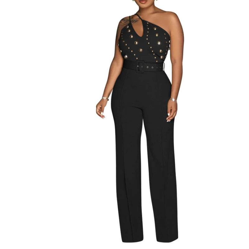 Women Jumpsuits Sexy One Piece Sleeveless Slim Fit Overalls Backless Wide Leg Long Pants Tight Waist Belt Rompers Elegant Splice