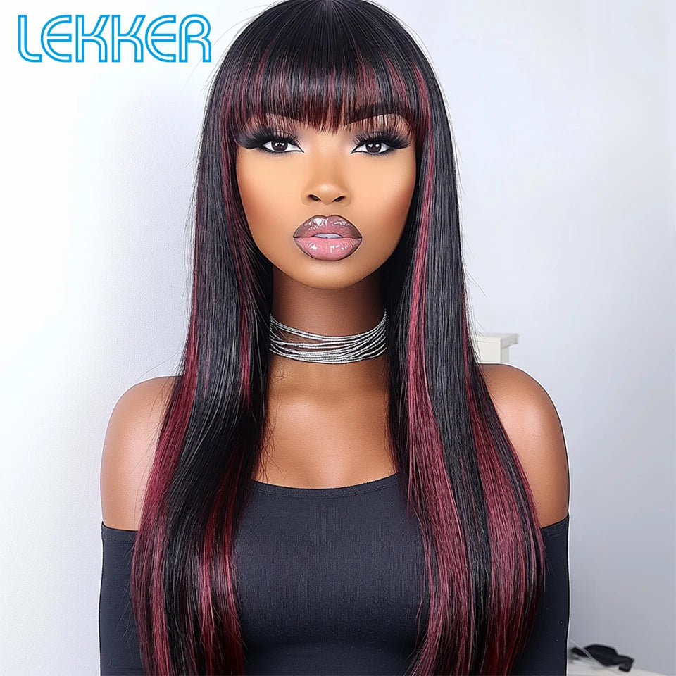 Lekker 24" Long Highlight Burg Red Bone Straight Human Hair Wigs With Bangs For Women Brazilian Remy Hair Full Machine Made Wigs