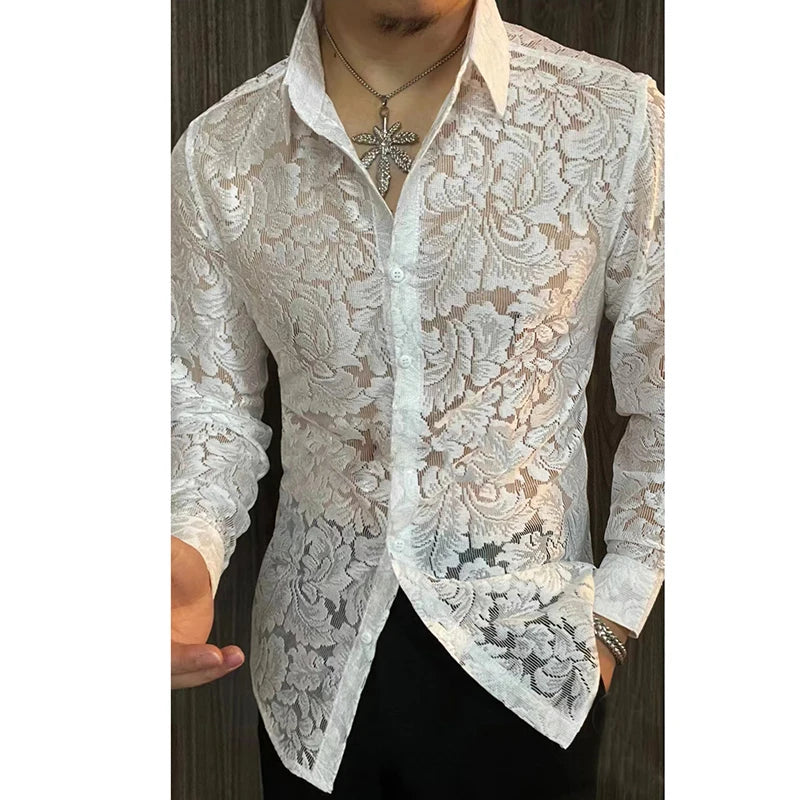Men's Slim Fit Shirt Spring Semi Transparent Long Sleeved Shirt Men Nightclub Sexy Casual Social Party Tuxedo Stage Singer Shirt