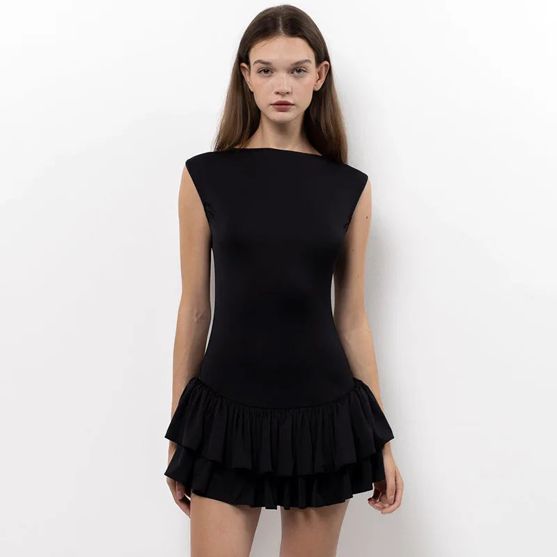 Women's Solid Pleated Short Dress Sleeveless O-neck Fashion Elegant Simple Mini Bodycon Dresses Slim Street Casual Party Holiday