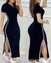 Women Sport Solid Dress Short Sleeved Round Neck Side Split Long Dresses Slim Fit High Waist Casual Ladies 2023 Autumn