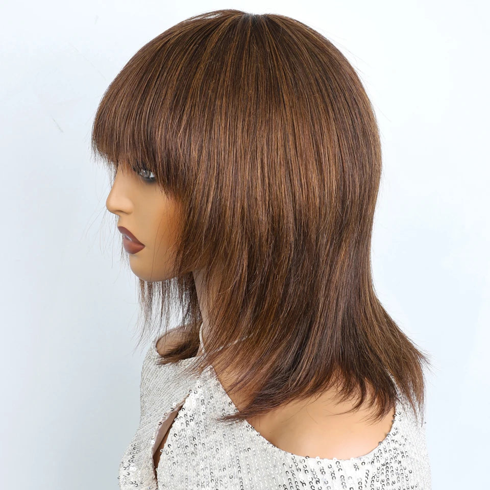 Lekker 12" Short Brown Wolf Cut Straight Bob Human Hair Wigs With Bangs For Women Brazilian Remy Hair Ready to Wear Glueless Wig