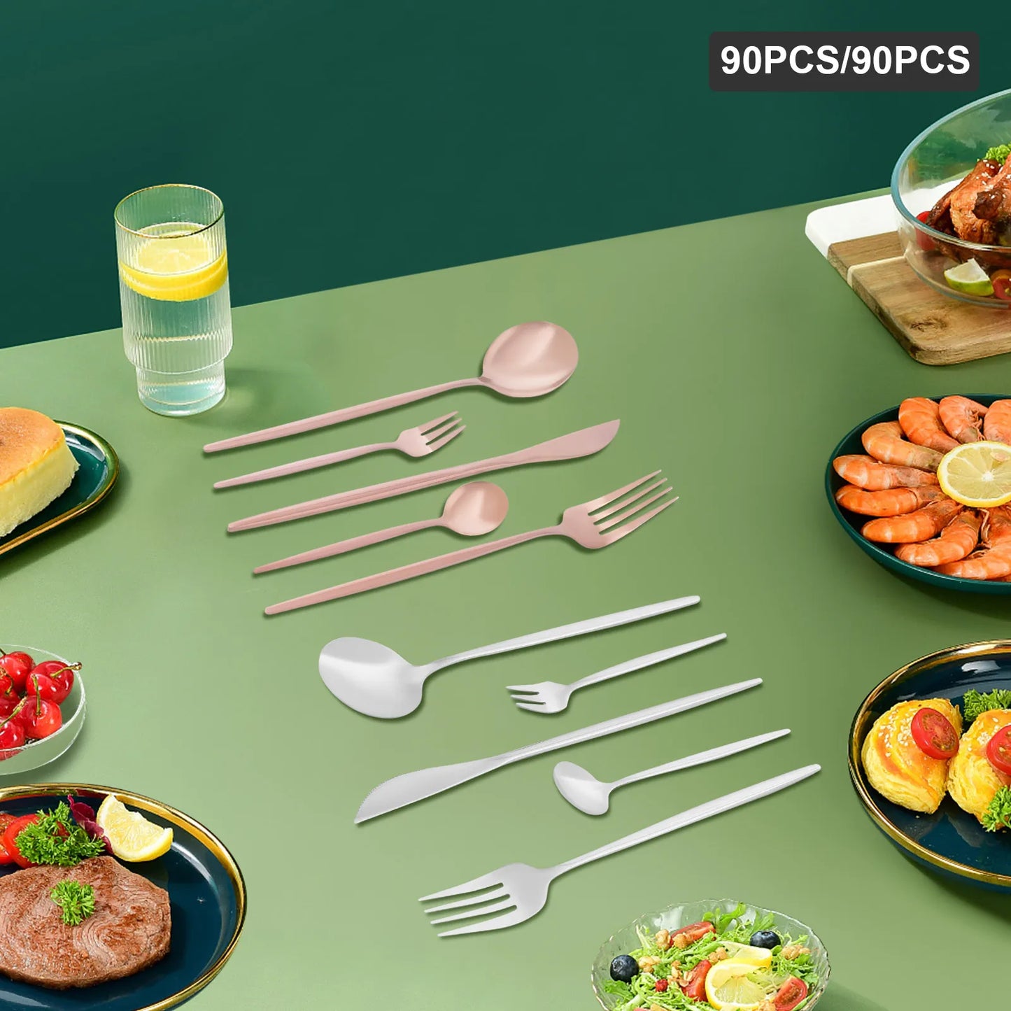 24Pcs/90Pcs Flatware Set Stainless Steel Silverware Utensil Kitchen Tableware Forks Knives Spoons Cutlery for Home Restaurant