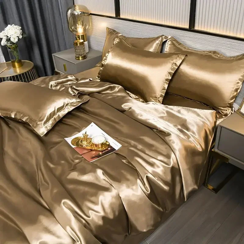Nordic Satin Silk Bedding Set with Duvet Cover Bed Sheet Pillowcases Luxury Solid Single Double Couple Pillow Case Bedsheet